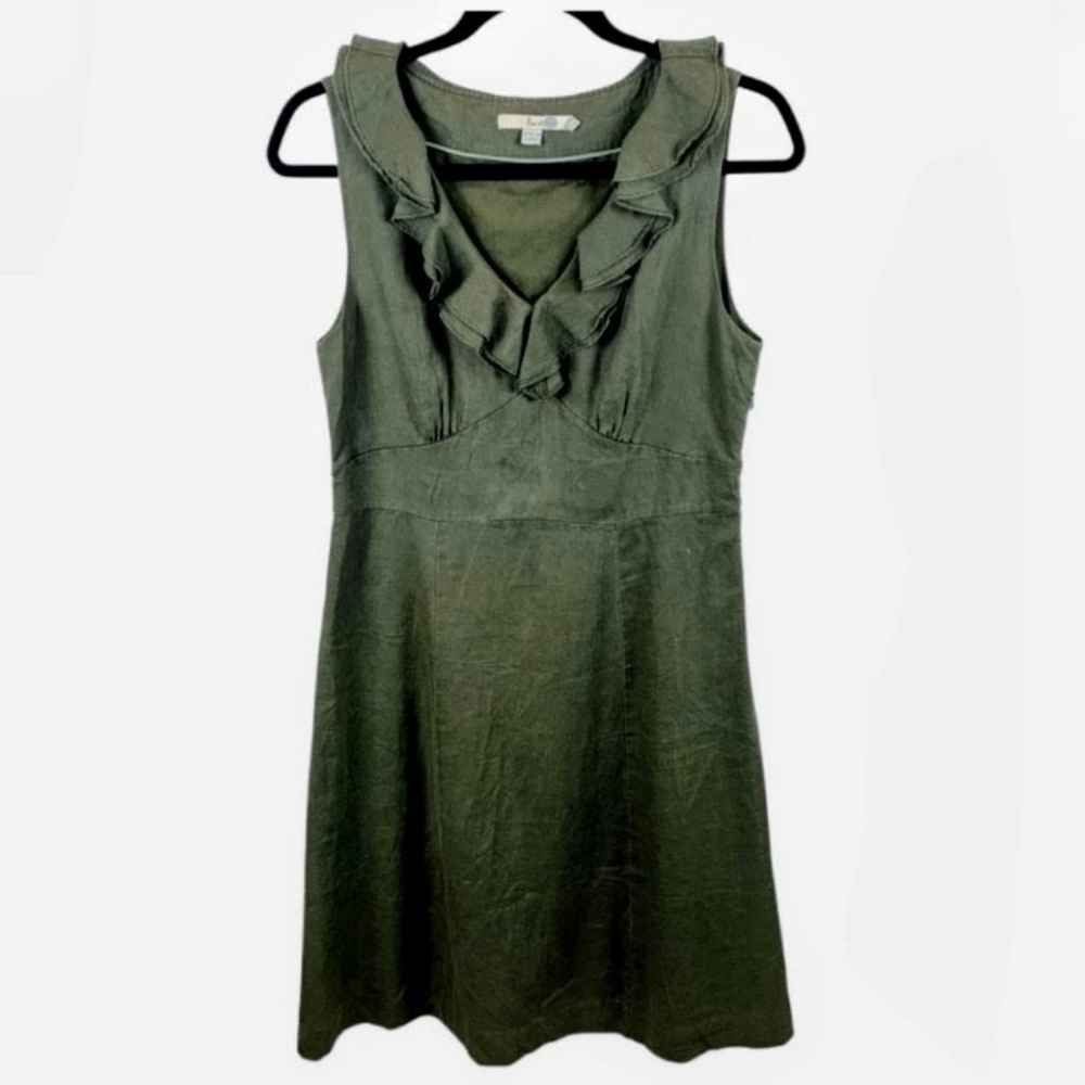 Boden Linen 6R Olive Green Sleeveless Ruffle V-Neck Dress
